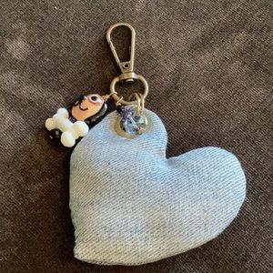 Upcycled blue jean heart with dog beads purse charm, key chain